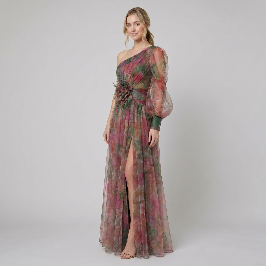 Karla red floral one-shoulder maxi gown on model