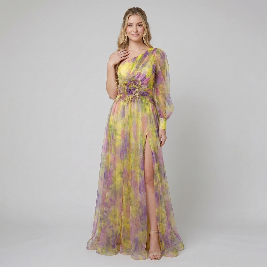 Karla yellow floral one-shoulder maxi gown on model