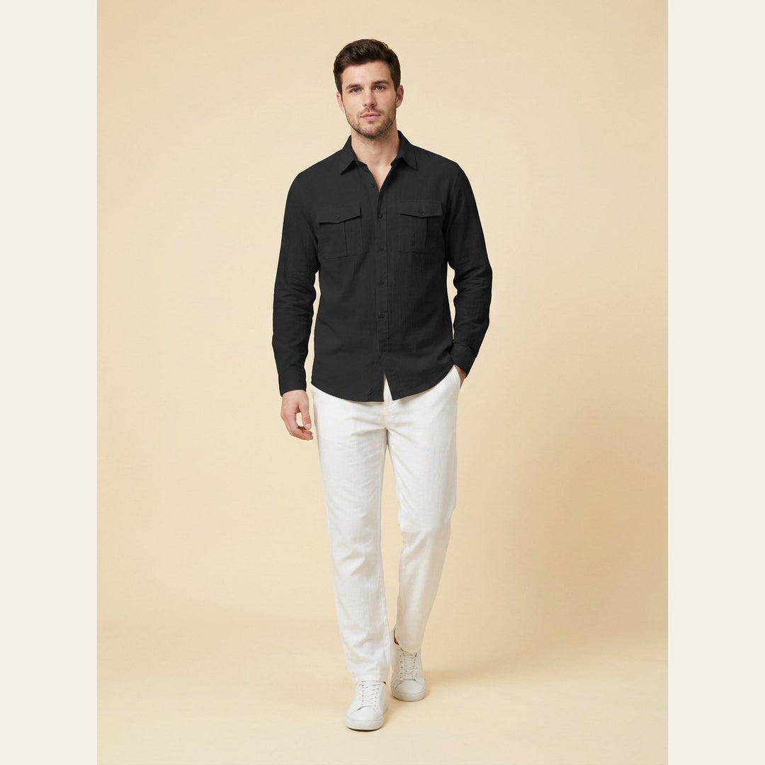Kinetic men's cotton-linen utility shirt in black