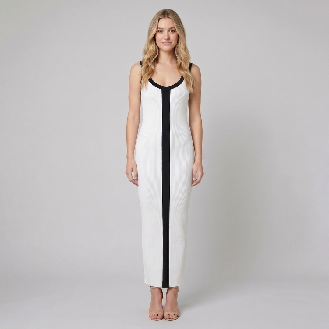 Lacy white and black colour block ribbed maxi dress
