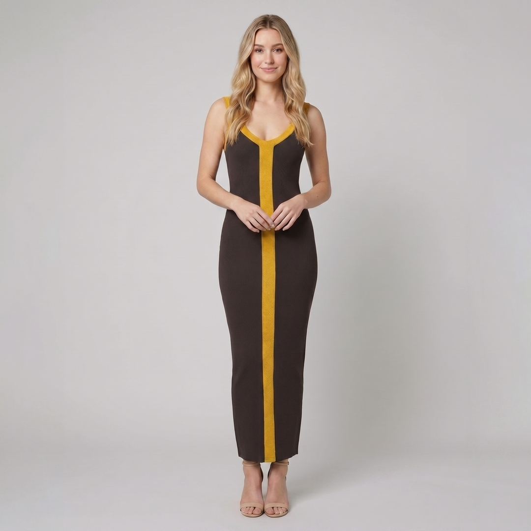 Lacy brown and mustard colour block ribbed maxi dress