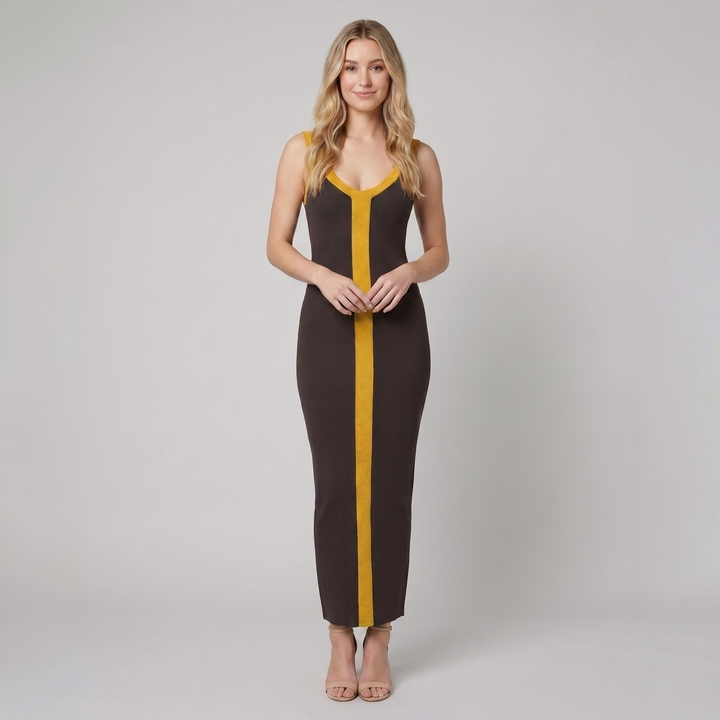 Lacy brown and mustard colour block ribbed maxi dress