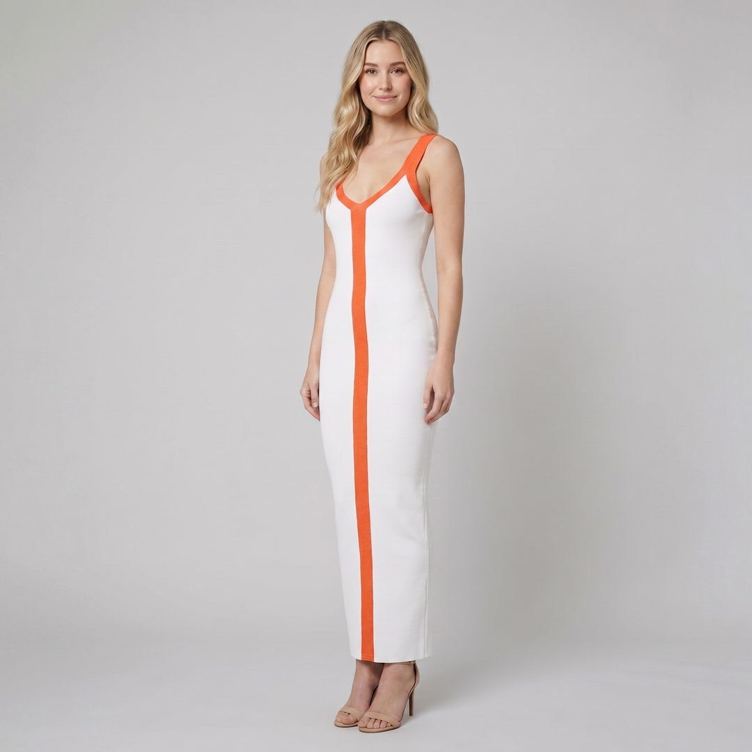Lacy white and orange colour block ribbed maxi dress