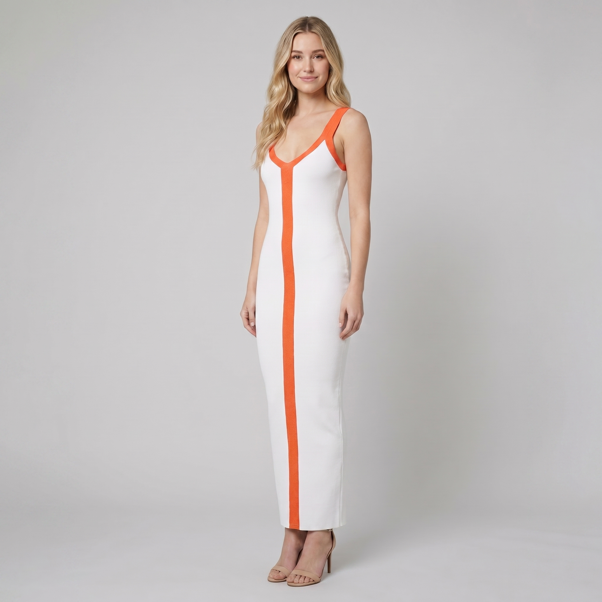 Lacy white and orange colour block ribbed maxi dress