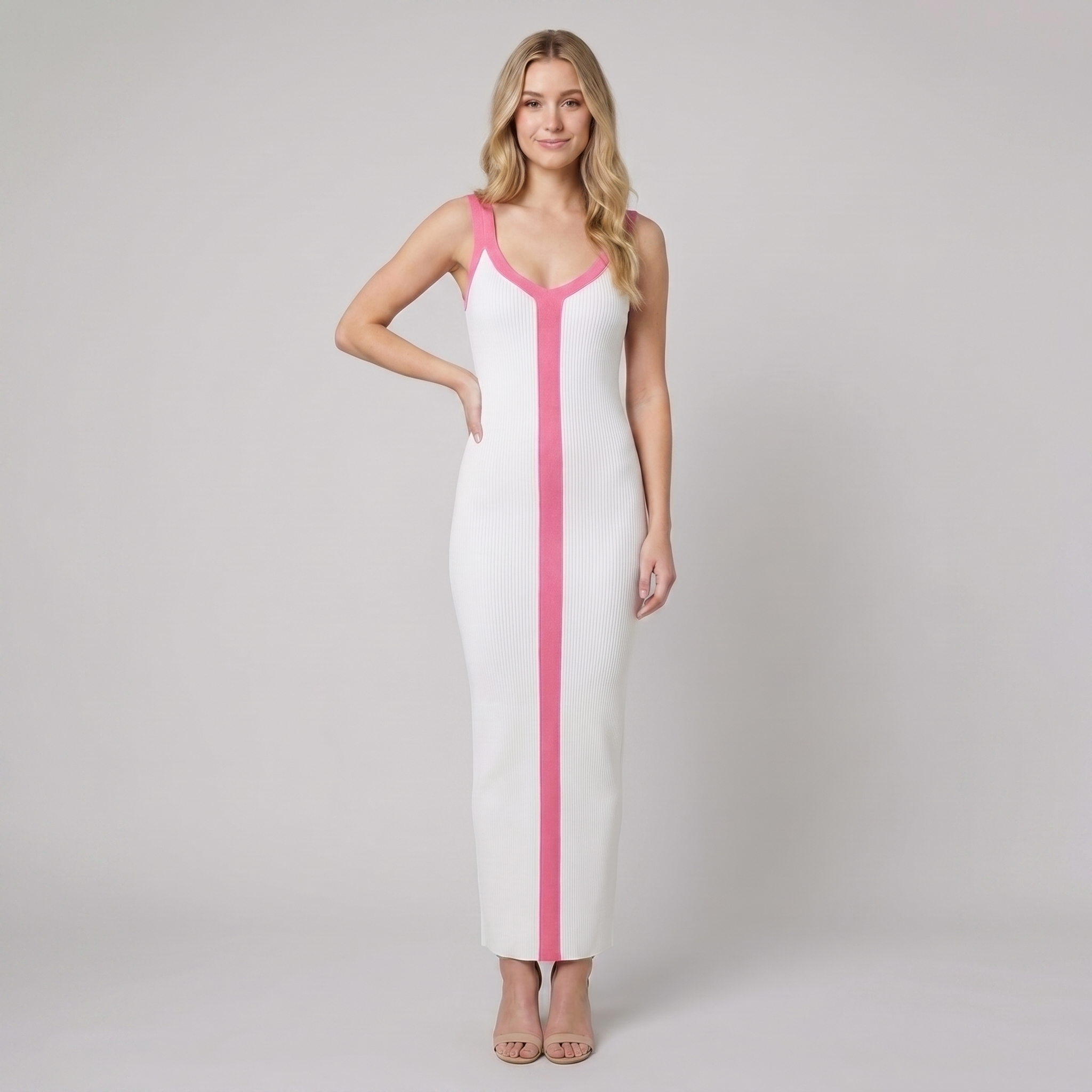 Lacy white and pink colour block ribbed maxi dress