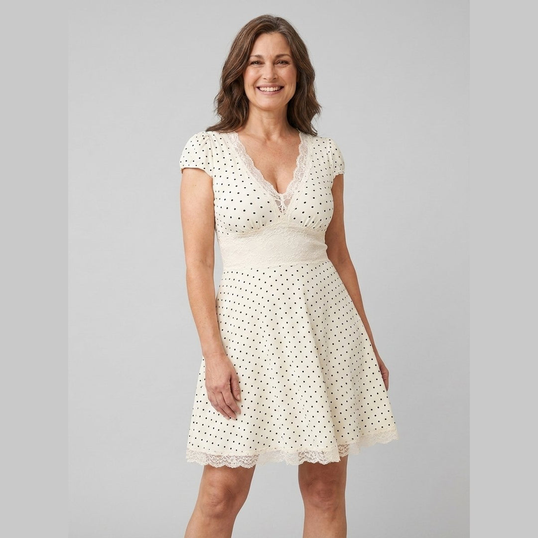 Lara mini dress lace trim white polka dot