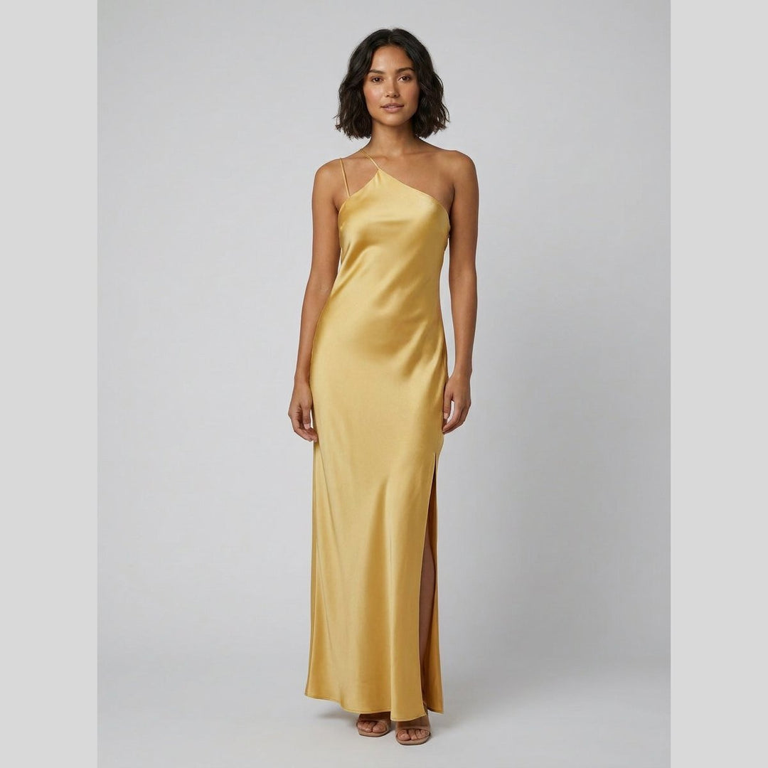 Lavinia open back satin maxi dress yellow on model
