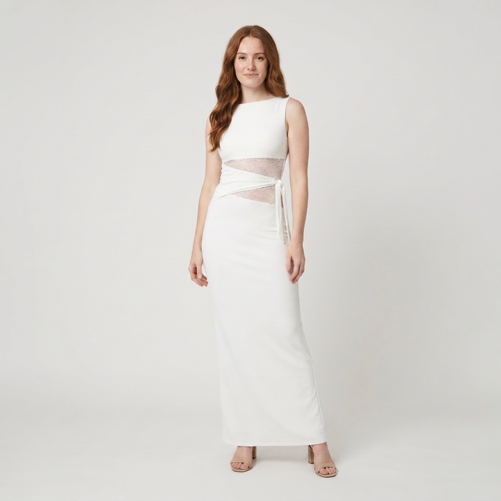 Leni white fitted maxi dress with lace cut-out