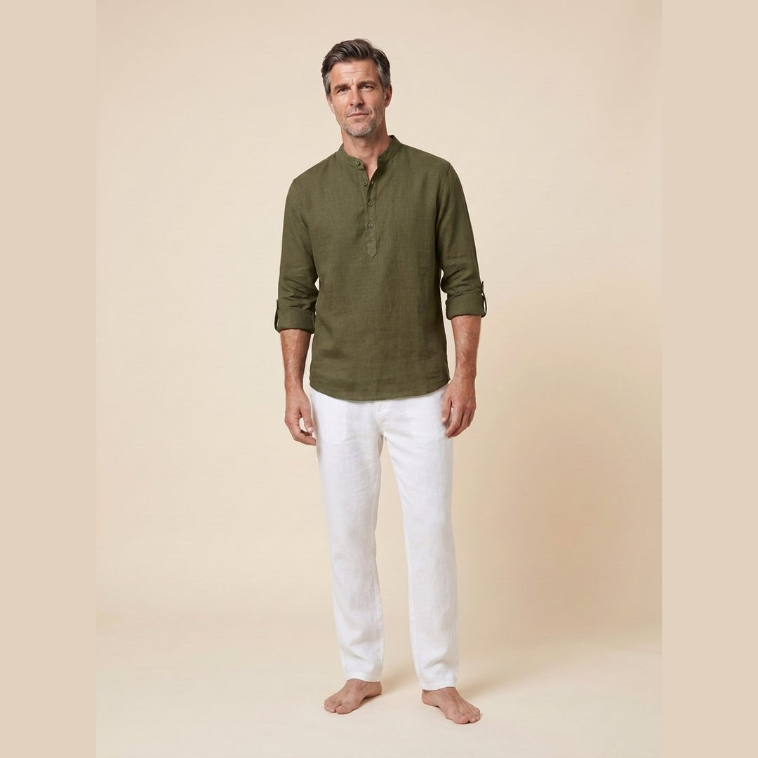 Leon Linen Shirt Army Green on model