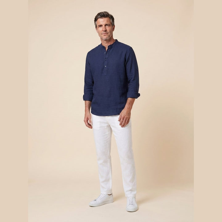 Leon Linen Shirt Navy Blue on model