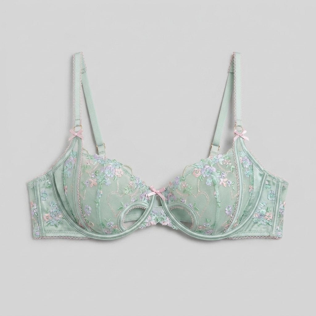 Mint satin balcony bra with floral embroidery, front view
