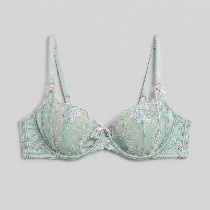 Mint satin balcony bra with floral embroidery, front view