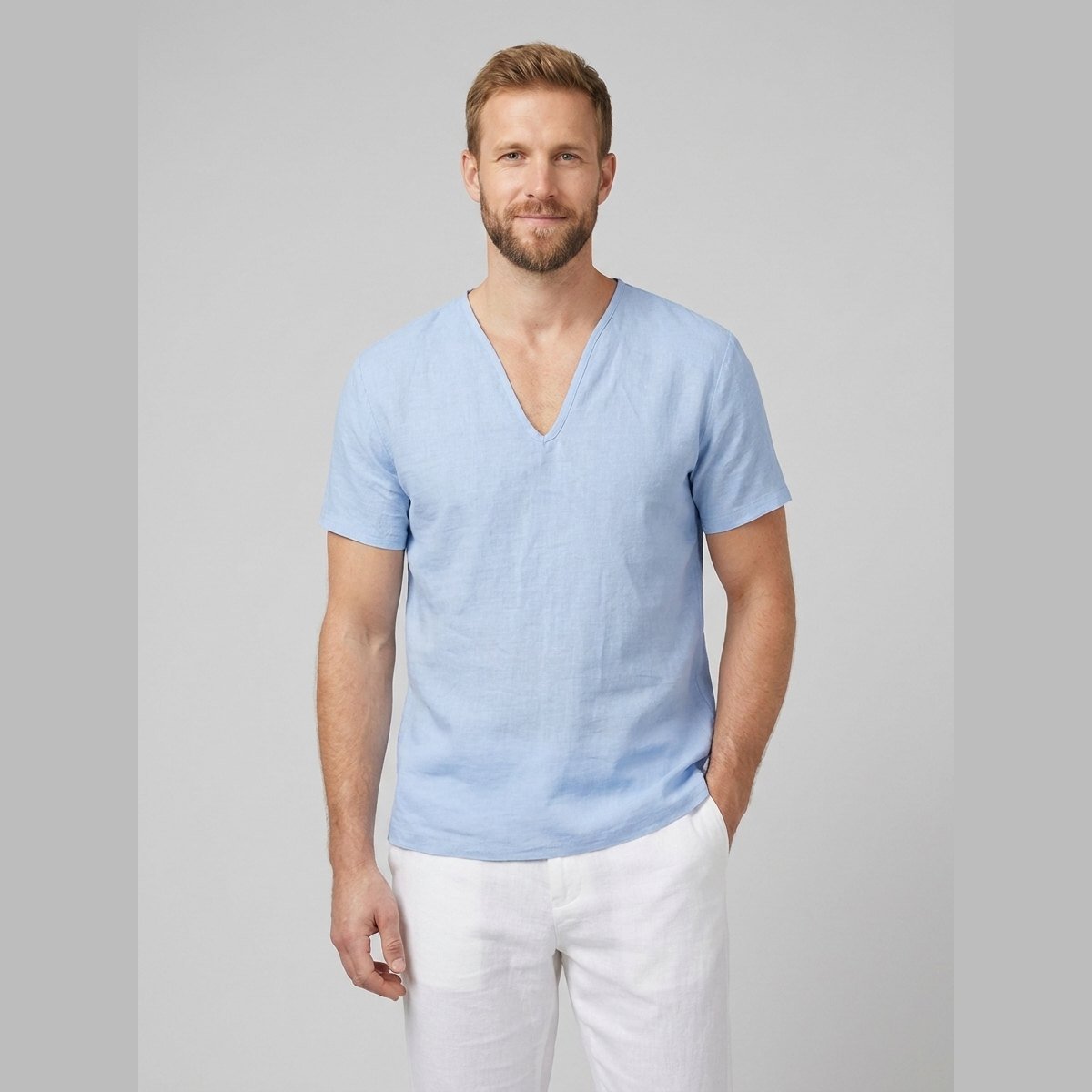 Liam mens linen V-neck T-shirt blue