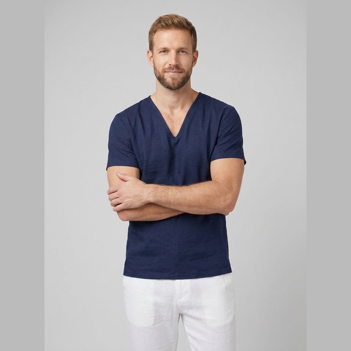 Liam mens linen V-neck T-shirt dark blue