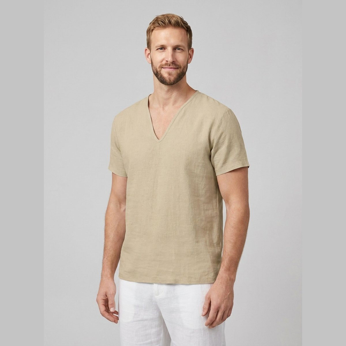 Liam mens linen V-neck T-shirt khaki