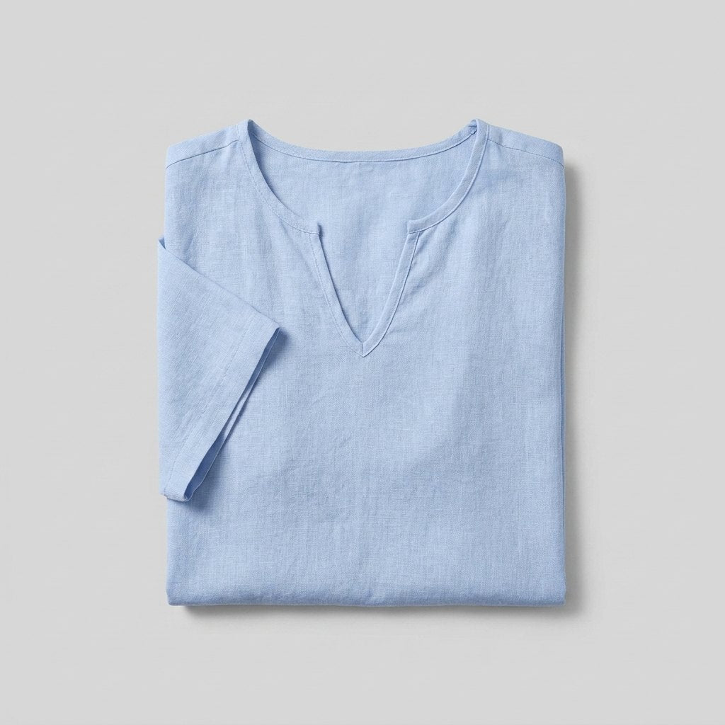 Liam mens linen V-neck T-shirt flat lay