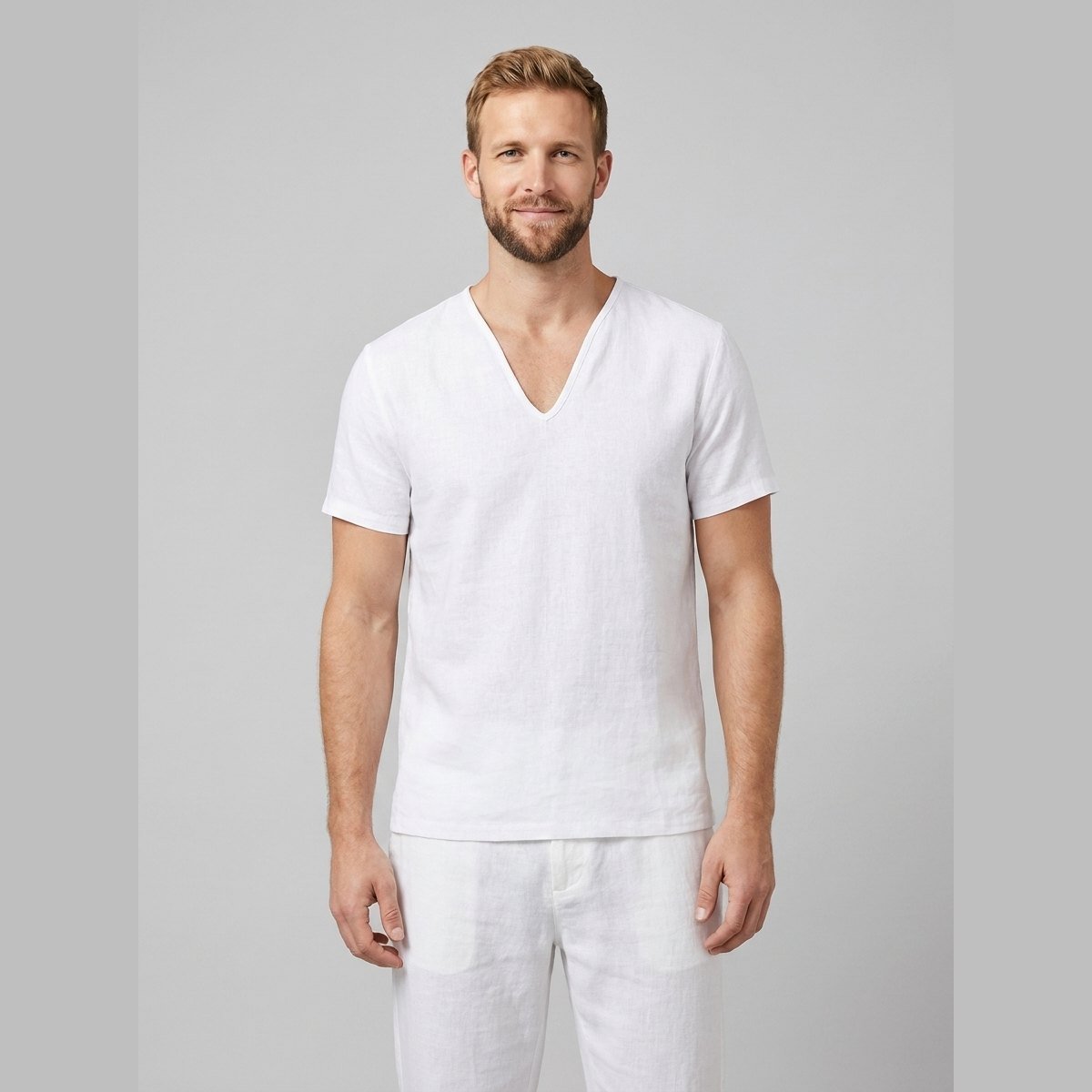 Liam mens linen V-neck T-shirt white