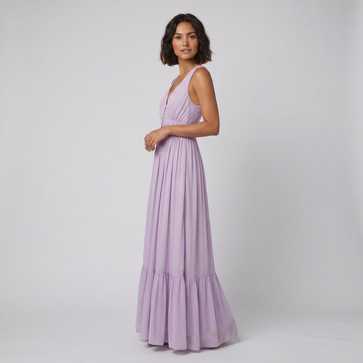 Lila lilac chiffon pleated maxi dress on model side pose