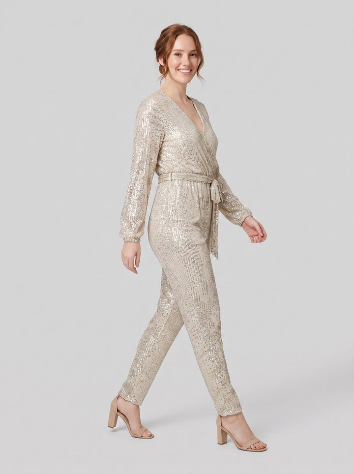 Lilian sequin jumpsuit light gold - side on model