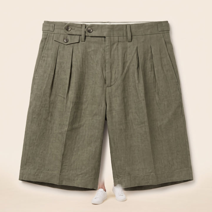 Olive linen Linden Bermuda shorts, product flat lay