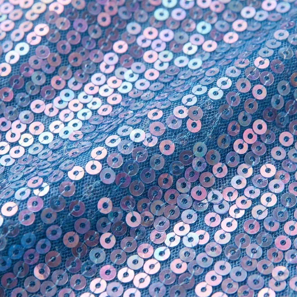 Close-up of the iridescent blue sequin mesh fabric