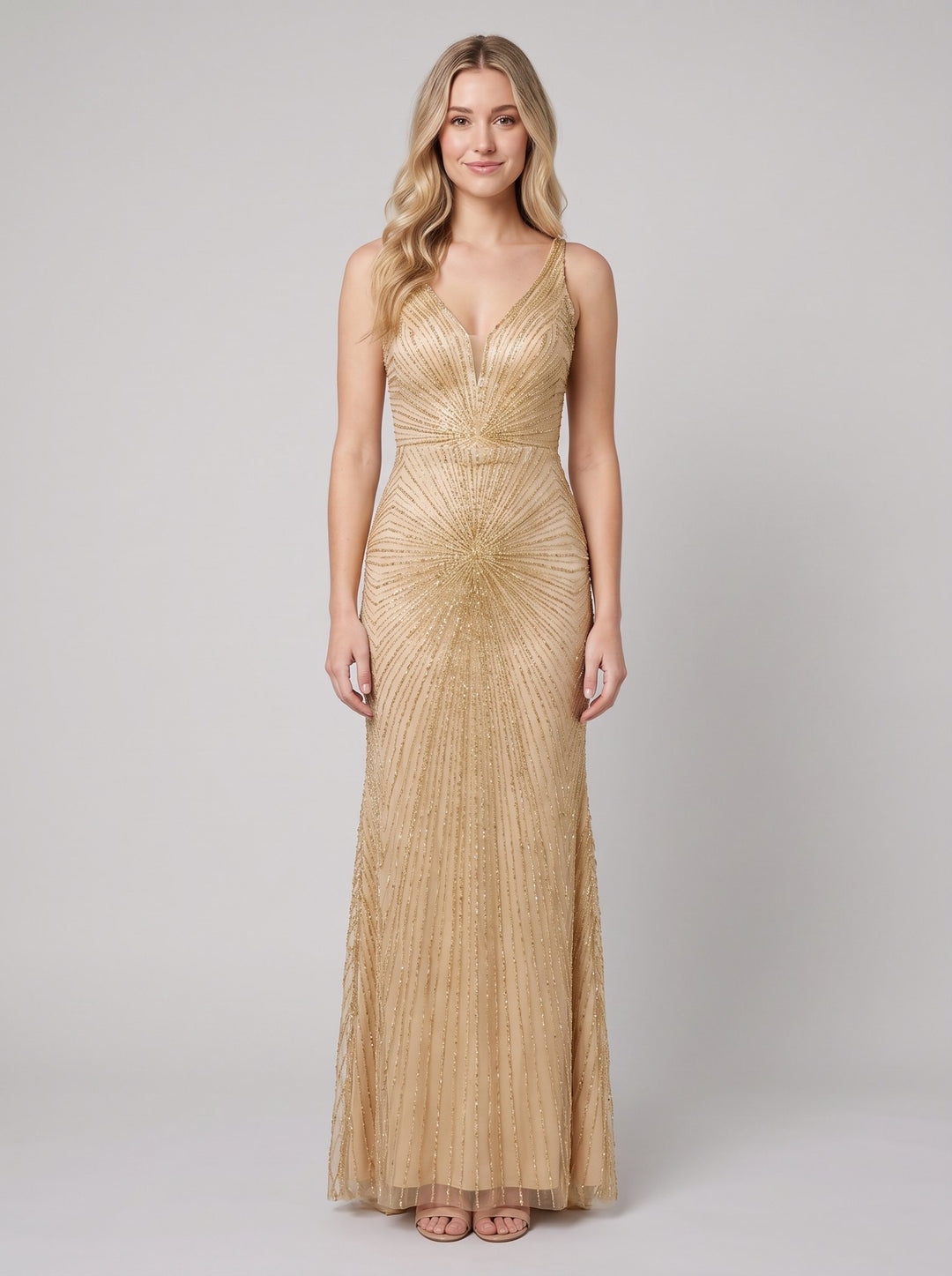 Liora champagne beaded evening gown front