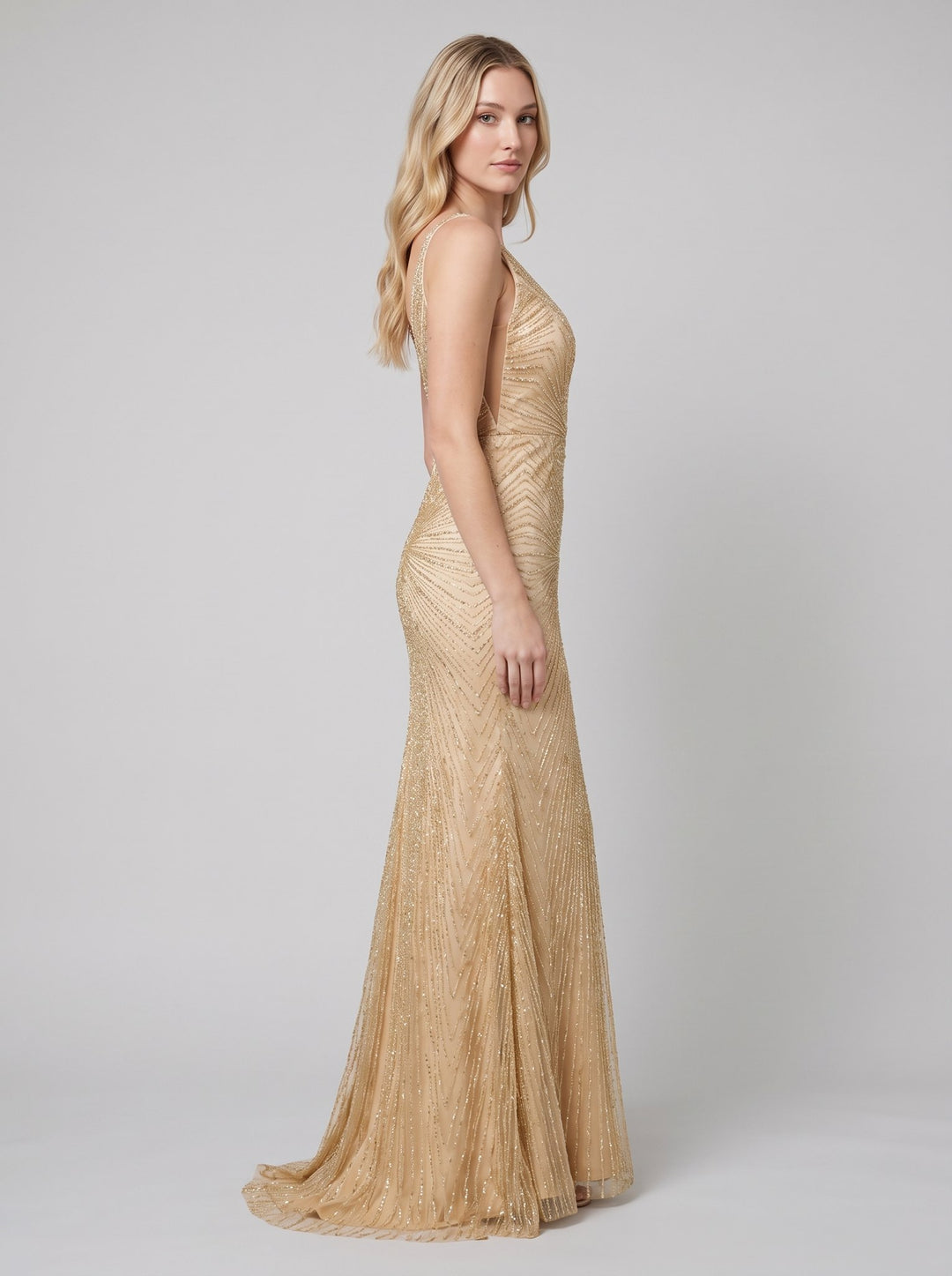 Liora champagne beaded evening gown side