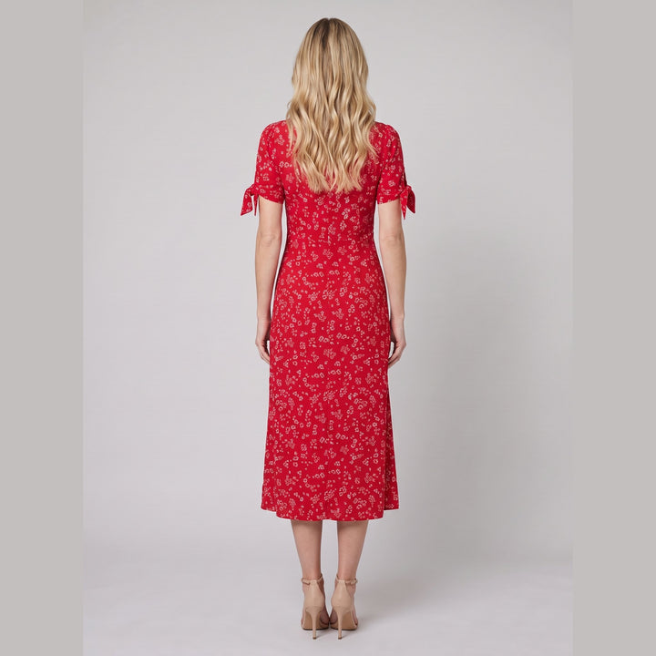 Liora red floral midi dress back view