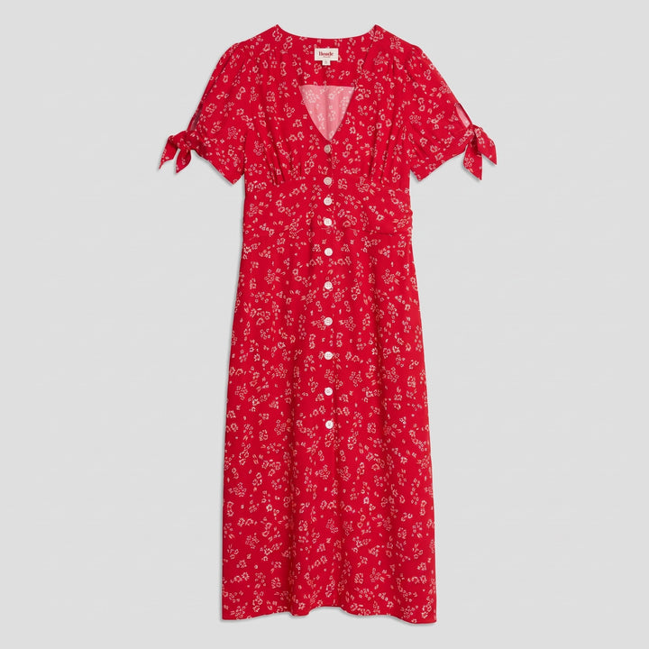 Liora red floral midi dress flat lay