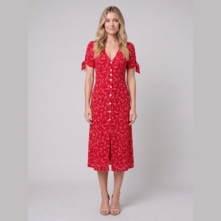 Liora red ditsy floral V-neck button-front midi dress front