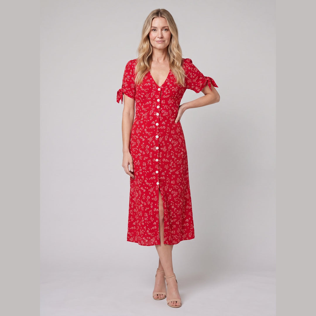 Liora red floral midi dress front pose two