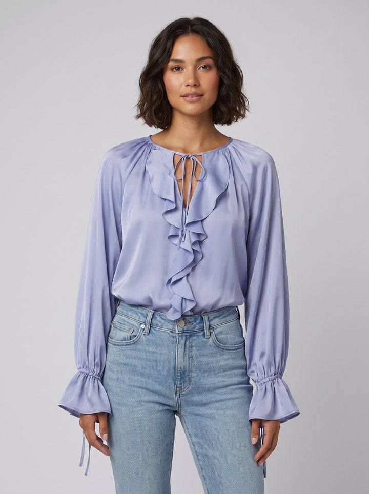 Liora satin ruffle blouse blue