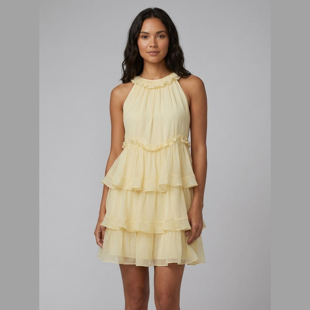 Lisette layered chiffon mini dress light yellow front on model