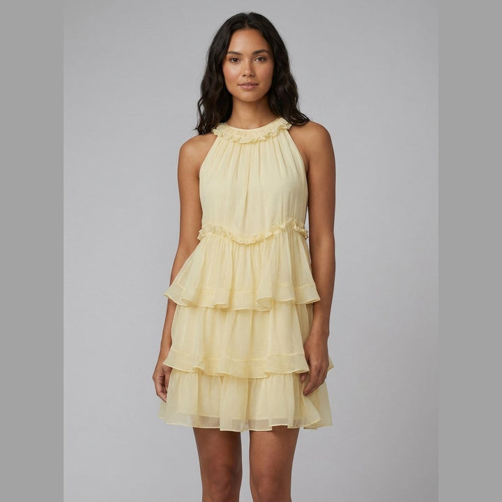 Lisette layered chiffon mini dress light yellow front on model