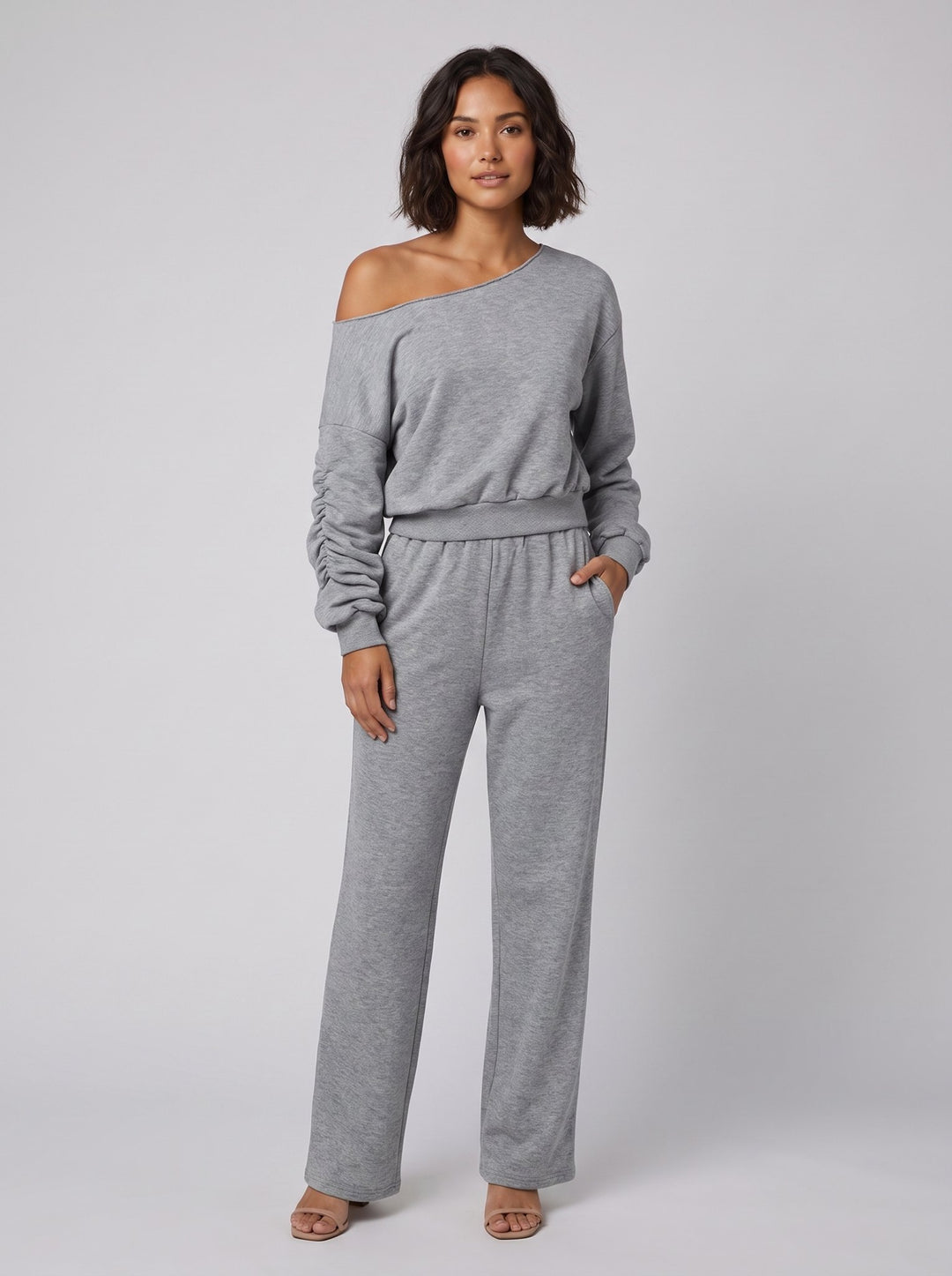 Lona asymmetric top and pants set gray - front on model