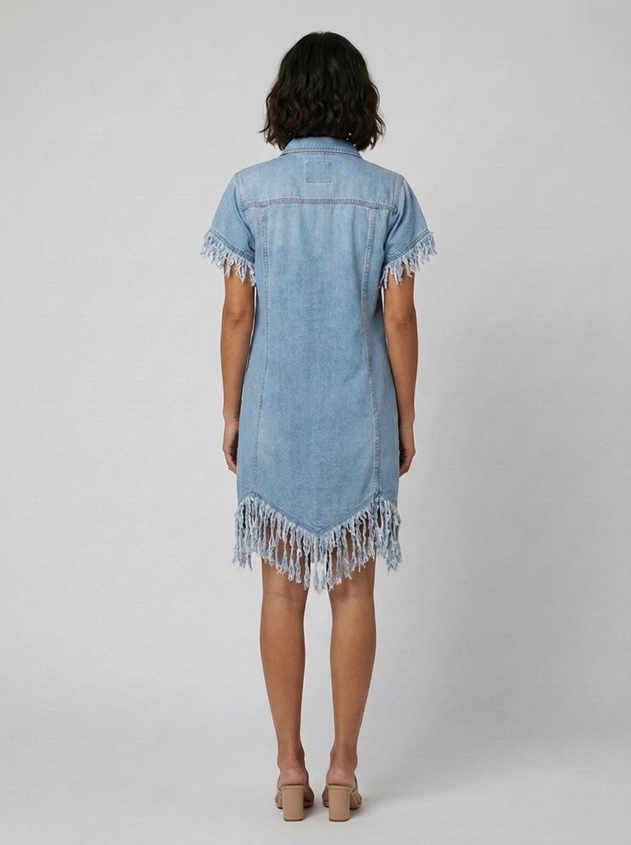 Lorene button-down denim mini dress in light blue, back view on model