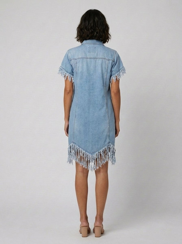 Lorene button-down denim mini dress in light blue, back view on model
