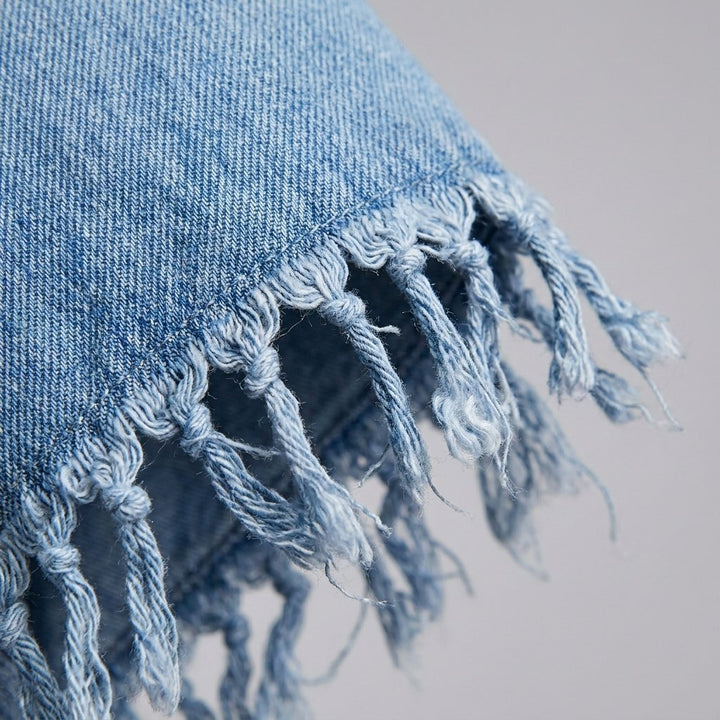 Lorene denim dress, fabric and tassel fringe detail