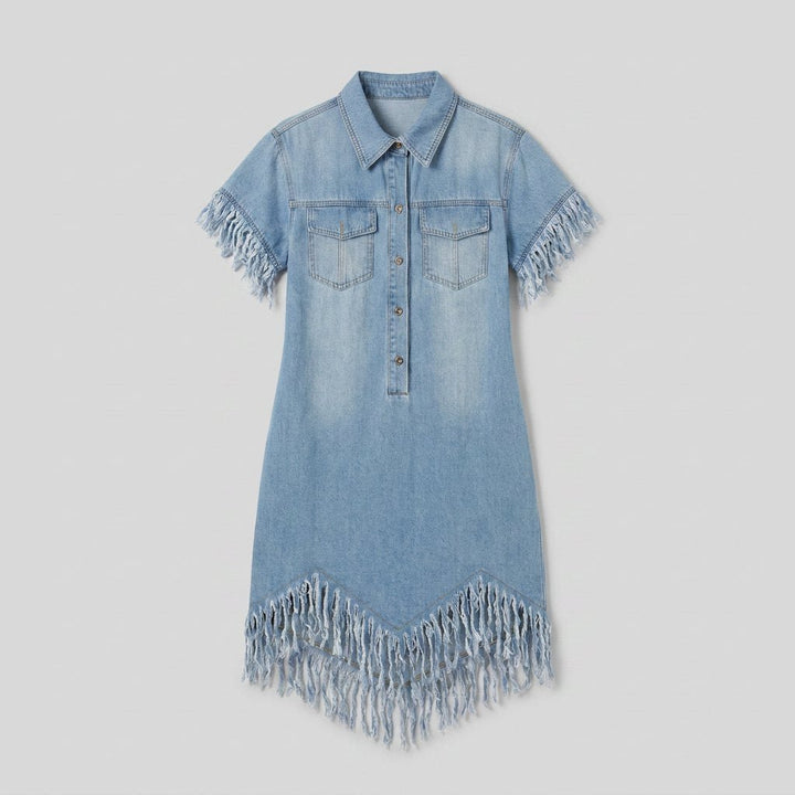 Lorene button-down denim mini dress in light blue, flat lay