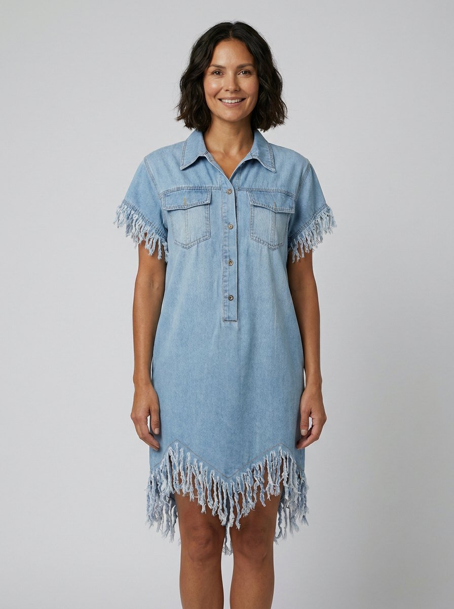 Lorene button-down denim mini dress in light blue, front view on model
