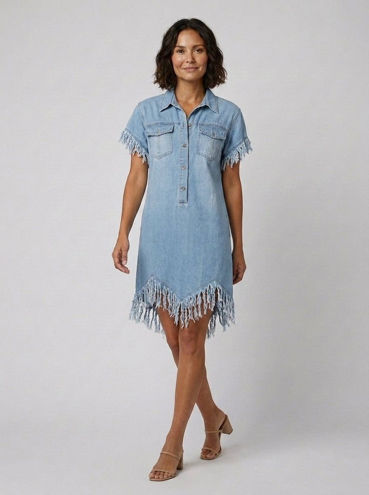 Lorene button-down denim mini dress in light blue, walking shot on model