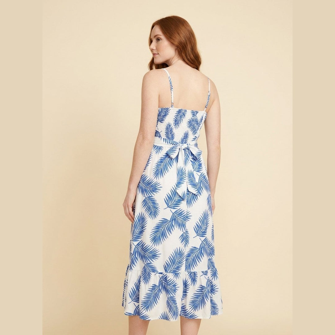 Lorraine boho midi dress in blue leafy print, front view on model