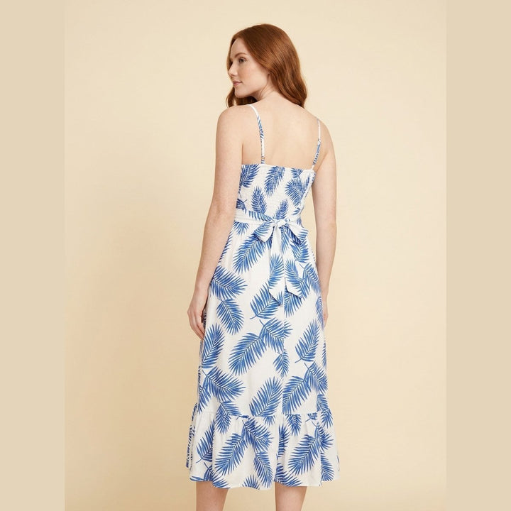 Lorraine boho midi dress in blue leafy print, front view on model