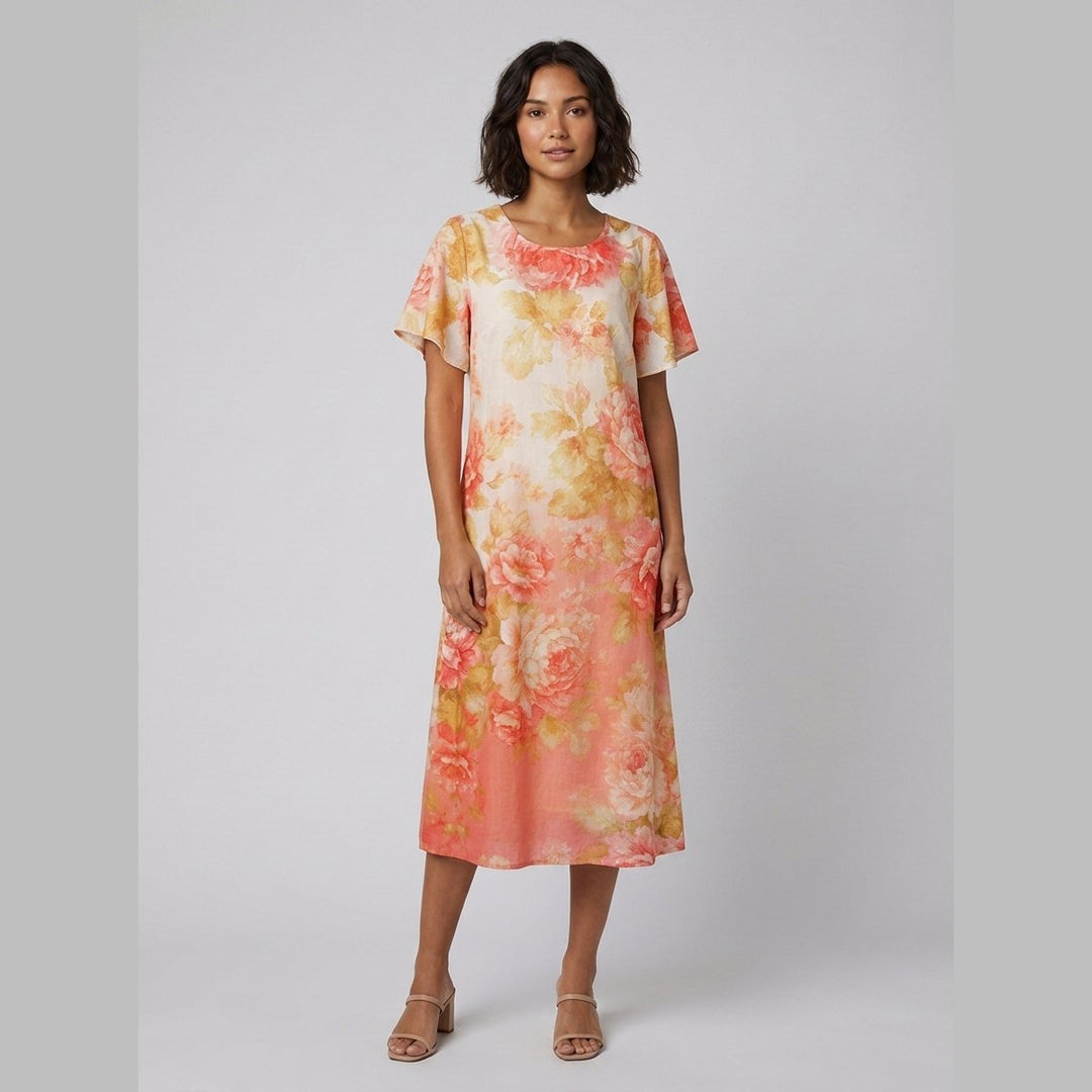 Lucienne floral midi dress orange-red on model
