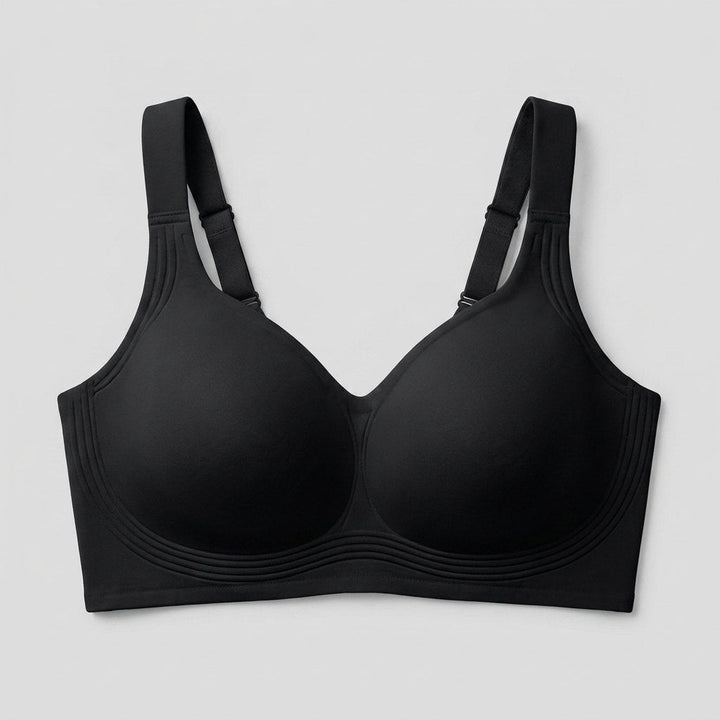 Lucile wireless full coverage bra in black, front flat-lay