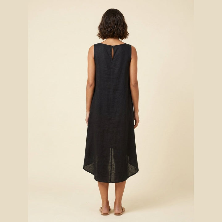 Black linen dress, back view showing the coconut button closure