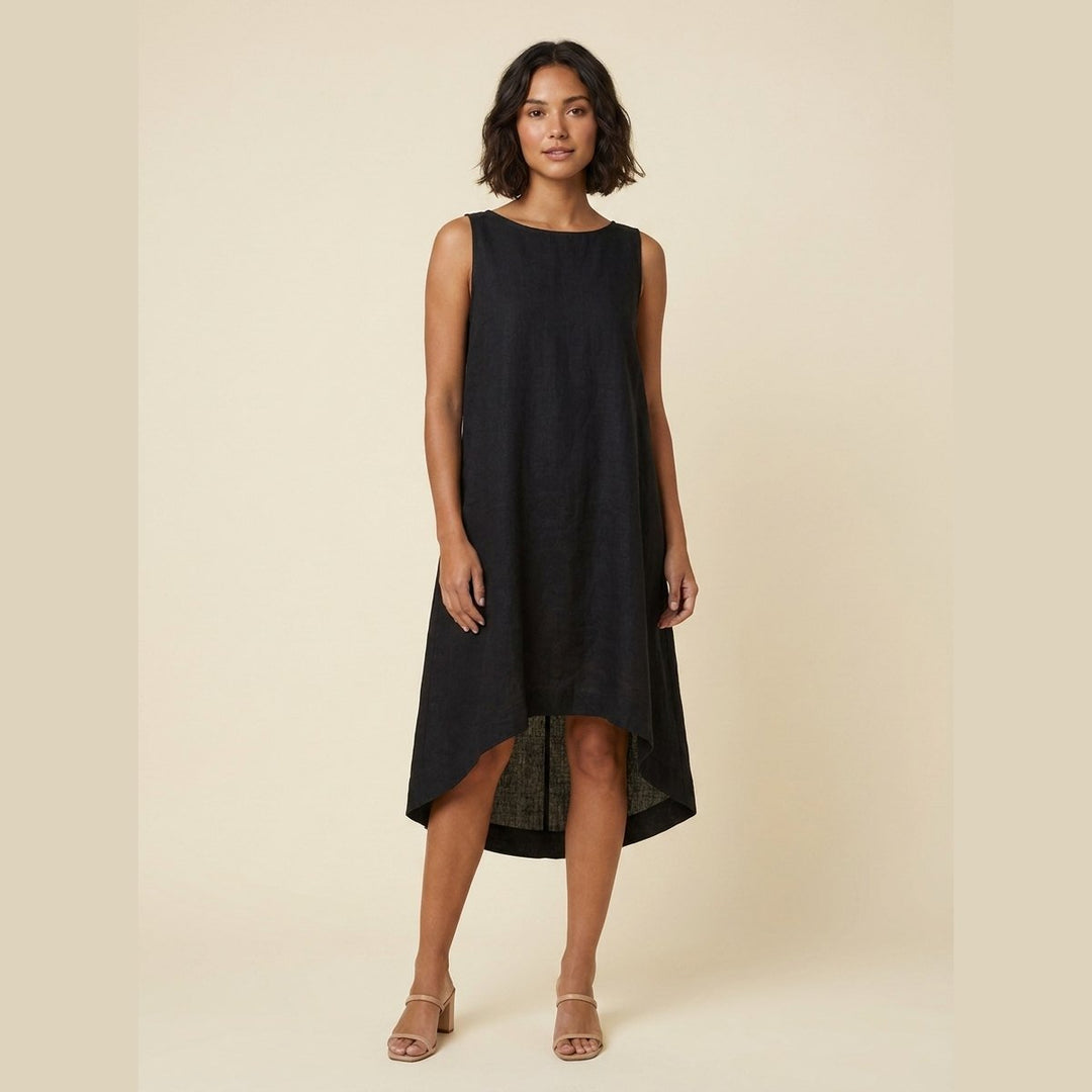 Black linen dress with a high-low hem, front view on model