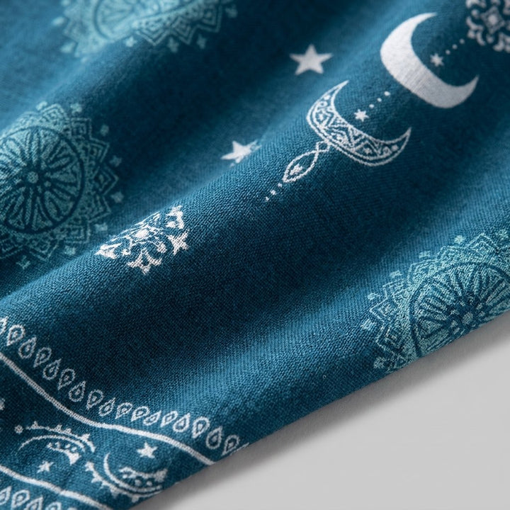 Luna beach kimono celestial print fabric close-up