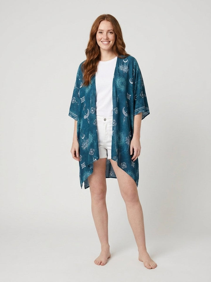 Luna teal celestial print beach kimono front