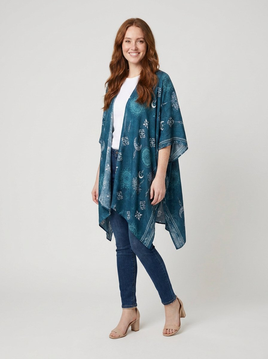 Luna teal celestial print beach kimono pose